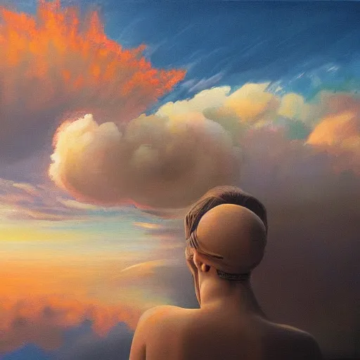 Prompt: surreal abstract art painting of a person made of puffy clouds, warm lighting, realistic, detailed