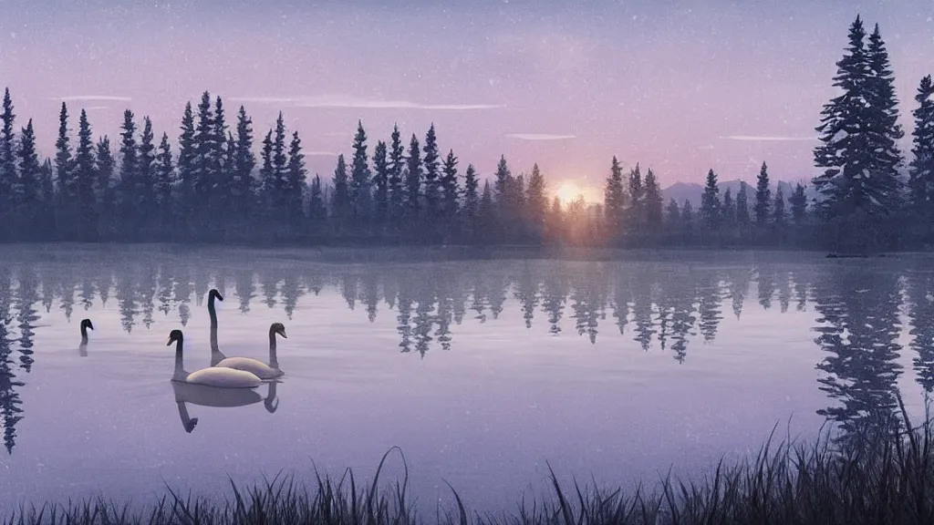 Prompt: beautiful canadian landscape by the lake, reflective, swans in the lake, winter, sunlight, morning, ambient lighting, life is strange artwork style,