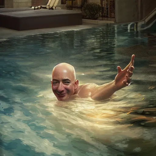 Image similar to jeff bezos swimming in a pool filled with cash, 4 k, photography, extremely detailed, digital art, trending on artstation, greg rutkowski, cinematic lighting, hyperrealistic