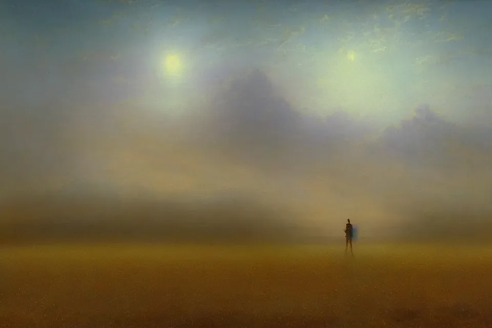 Prompt: sci-fi painting of the closed back view of one humanoid robot on the ground, a large distant alien city, vast wheat fields, by Ivan Aivazovsky, godrays, atmospheric, cinematic, detailed