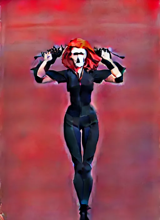 Image similar to phil noto, pretty scarlett johansson black widow, symmetrical eyes, long red hair, full body, city rooftop