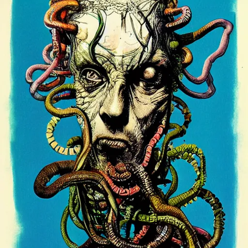 Image similar to graphic illustration, creative design, medusa, biopunk, by ralph steadman, francis bacon, hunter s thompson