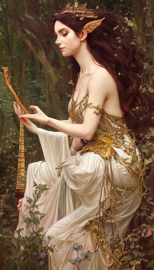 Prompt: portrait of queen of the elves playing a harp, ethereal, expressive pose, intricate dress, fantasy, intricate, forest background, highly detailed, digital painting, artstation, concept art, smooth, sharp focus, illustration, art by artgerm and greg rutkowski and alphonse mucha