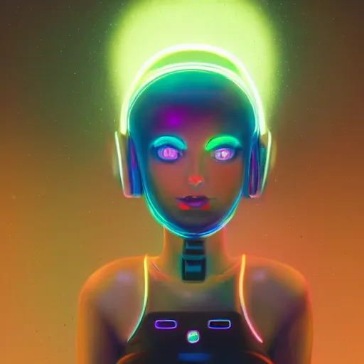 Image similar to cute young woman with robot ears and eyes, 4k, sharp focus, neon colored fluorescent lighting, jordan grimmer