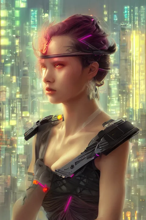 Image similar to portrait futuristic Ninja Girl, in future cyberpunk tokyo rooftop , ssci-fi, fantasy, intricate, very very beautiful, elegant, neon light, highly detailed, digital painting, artstation, concept art, smooth, sharp focus, illustration, art by WLOP and tian zi and alphonse mucha