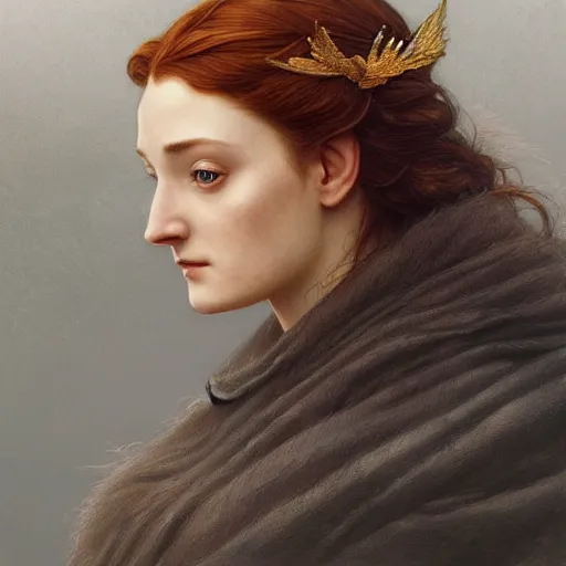 Prompt: portrait of beautiful sansa stark, intricate, elegant, highly detailed, digital painting, artstation, concept art, smooth, sharp focus, illustration, art by artgerm and greg rutkowski and alphonse mucha and william - adolphe bouguereau