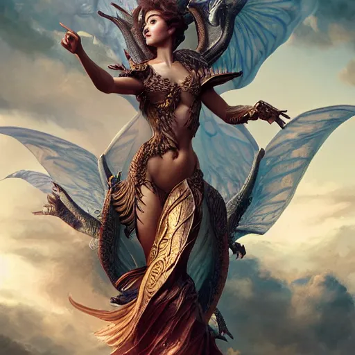 Image similar to glorious dynamic pose full body celestial goddess of dragons, intricate, portrait, 8k highly professionally detailed, HDR, CGsociety, dynamic lighting, pristine and clean design, cosplay, art by greg rutkowski, photorealistic