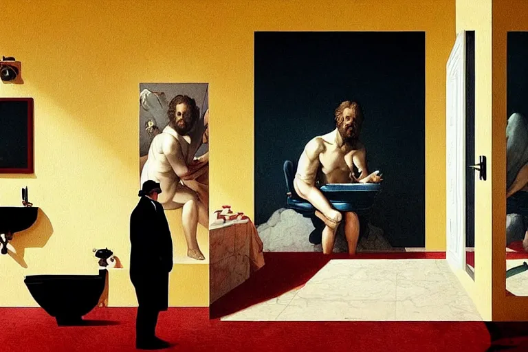 Prompt: hyperrealism aesthetic ridley scott and caravaggio and denis villeneuve style photography of a detailed giant, siting on a detailed ultra huge toilet and scrolling his smartphone in surreal scene from detailed art house movie in style of alejandro jodorowsky and wes anderson