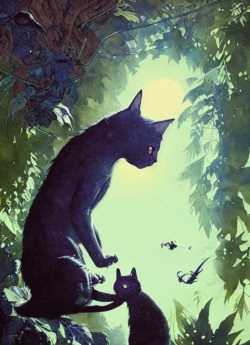 Image similar to a hyper realistic ink cat alien technology and sunbeams blue sky, lush forest foliage painting by chiara bautista and norman rockwell and greg rutkowski weta studio, and lucasfilm