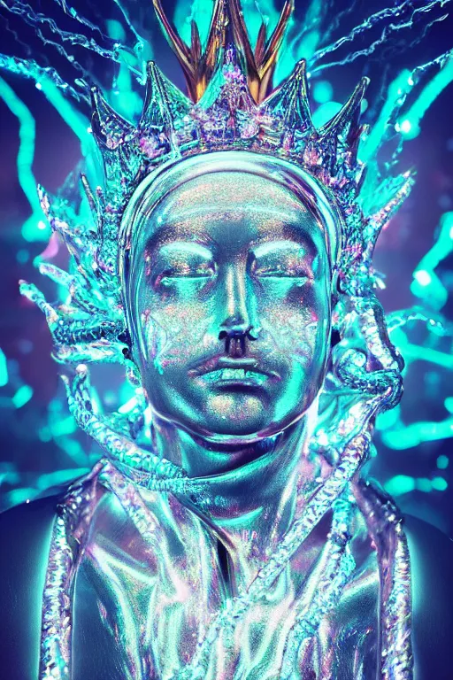 Image similar to hyper detailed ultra sharp portrait of baroque and bladerunner delicate neon diamond sculpture of seductive muscular albino king jesus, diamond pink sphinx iridescent humanoid deity wearing metallic hoody made out of hands holding the sun prismatic dungeon, glowing blue face, crown of white diamonds, cinematic lighting, photorealistic, octane render 8 k depth of field 3 d