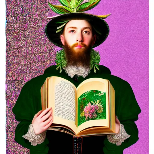 Prompt: HD 8x hyperdetailed illustrated collage portrait of a man with a maximalist hyperrealistic huge hat made of mixed media jewel plants, reading an elaborate book. flamish baroque solarpunk elements. matte background in pastel tones.