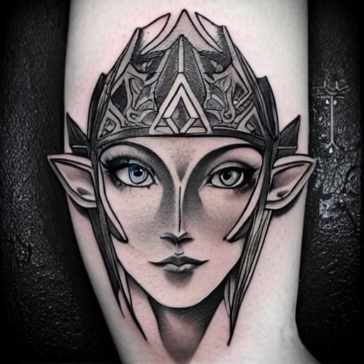 Image similar to tattoo design, stencil, portrait of princess zelda by artgerm, symmetrical face, beautiful, triforce