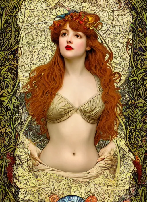 Prompt: masterpiece beautiful seductive flowing curves pinup pose preraphaelite face portrait photography, extreme closeup shot, straight bangs, thick set features, yellow ochre ornate medieval dress, amongst foliage mushroom forest arch, circle, william morris and kilian eng and mucha, framed, 4 k