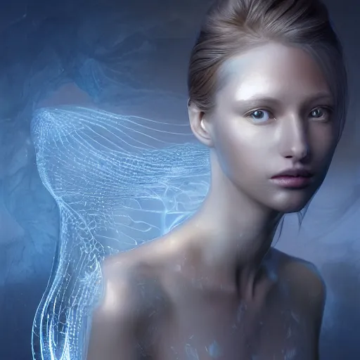 Image similar to Art by Andrew Chiampo and Frederik Heyman, a highly detailed digital art rendering and concept design of a breathtaking young ethereal woman elegantly positioned and entwined in genuine silver liquid. Fantasy, hyperrealism, 4k, volumetric lighting, three dimensions, a digitally altered world, user interface design, 3D modeling, illustration, and transportation design.