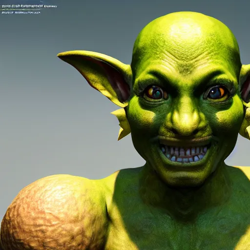 Image similar to medium portrait of a goblin, green skin, ffxiv, final fantasy 1 4 screenshot, octane render, 8 k, fantasy, rule of thirds