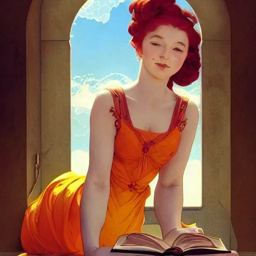 Image similar to a smiling beautiful woman with red hair in a bun wearing a yellow dress and reading a book, masterpiece, intricate, elegant, highly detailed, digital painting, artstation, concept art, smooth, sharp focus, illustration, art by artgerm and greg rutkowski and alphonse mucha and uang guangjian and gil elvgren and sachin teng, symmetry!!