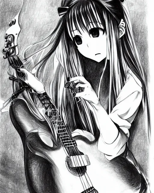 Image similar to beautiful drawing painting detailed cinematic guitar girl in anime manga frank miller ito junji style trending on pixiv artstation