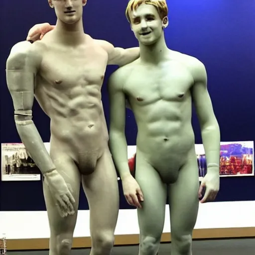 Prompt: “a realistic detailed photo of a guy who is an attractive humanoid who is half robot and half humanoid, who is a male android, British diver Jack Laugher & Chris Mears, shiny skin, posing like a statue, blank stare, by a diving pool, on display”