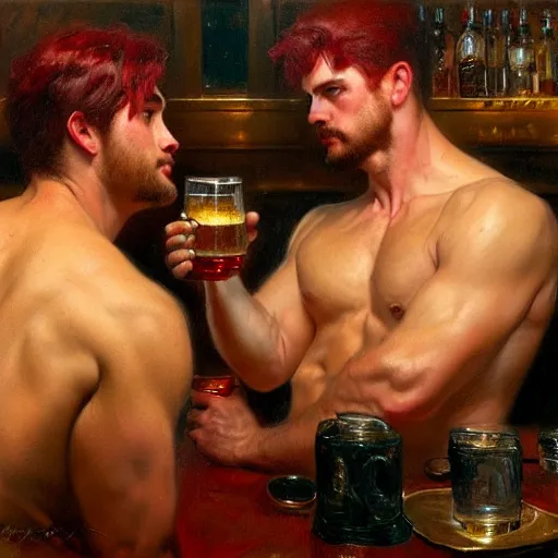 Image similar to attractive masculine mike, wearing pants, with dark red hair with attractive tyler with black hair, drinking their hearts out, in a pub, no shirt. very defined and highly detailed painting by gaston bussiere, j. c. leyendecker, craig mullins 8 k