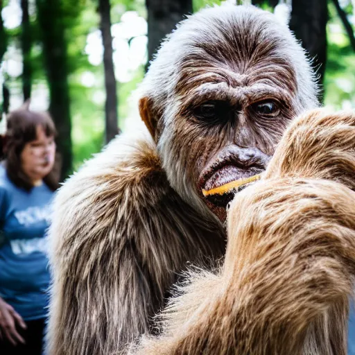 Image similar to elderly woman screaming at bigfoot, canon eos r 3, f / 1. 4, iso 2 0 0, 1 / 1 6 0 s, 8 k, raw, unedited, symmetrical balance, wide angle