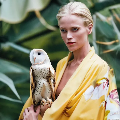 Image similar to head to shoulder portrait film photograph of an elegant top model blond woman wearing a yellow kimono with a very detailed barn owl on her shoulder!!! in a tropical greenhouse. looking at the camera!!. super resolution. 85 mm f1.8 lens.bokeh. graflex. by Alessio albi !