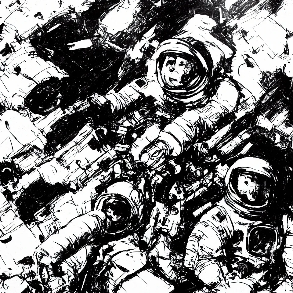 Prompt: an astronaut playing a keyboard by ashley wood, dynamic lighting, cinematic, epic composition, masterpiece