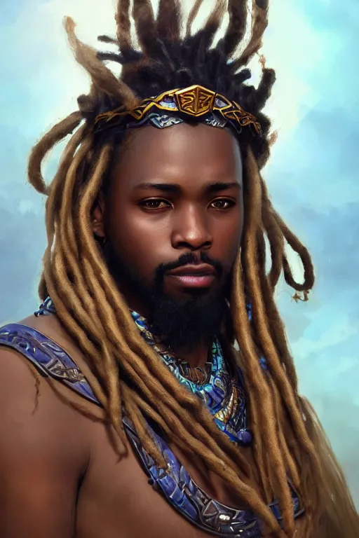 Image similar to photography of african king with dreadlocks, deep focus, d & d, fantasy, intricate, elegant, highly detailed, digital painting, artstation, concept art, matte, sharp focus, illustration, hearthstone, art by artgerm and greg rutkowski and alphonse mucha