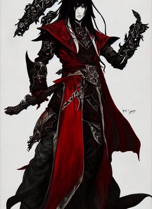 Image similar to Full body portrait of a handsome mature elf fire mage with long black hair wearing ornate scarlet robe. In style of Yoji Shinkawa and Hyung-tae Kim, trending on ArtStation, dark fantasy, great composition, concept art, highly detailed, dynamic pose.