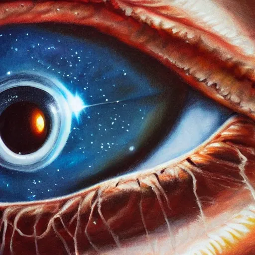 Image similar to a highly detailed photorealistic painting of a human eye reflecting outer space