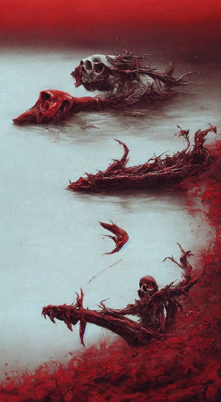 Image similar to dead river, dead fish, skull, poland, red color, highly detailed, 8 k, artstation, beutifull, masterpiece by beksinski