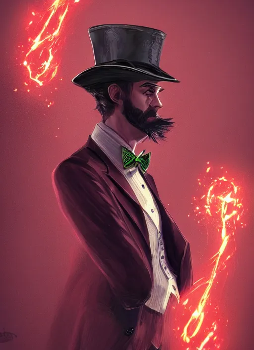 Image similar to a highly detailed illustration of stylish top hat wearing red haired attractive man, wearing suit vest, cool flashy posing, intricate, elegant, highly detailed, centered, digital painting, artstation, concept art, smooth, sharp focus, league of legends concept art, WLOP