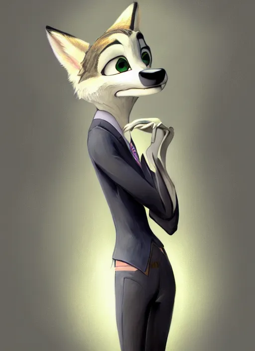 Image similar to oil painting detailed full body of anthromorphic female wolf, in style of zootopia, zootopia, zootopia, fursona, furry, furaffinity, 4 k, deviantart, furry art, fursona art, wearing black business suit, business suit, in style of zootopia, wolf fursona, cyberpunk, female, expressive, detailed feminine face,