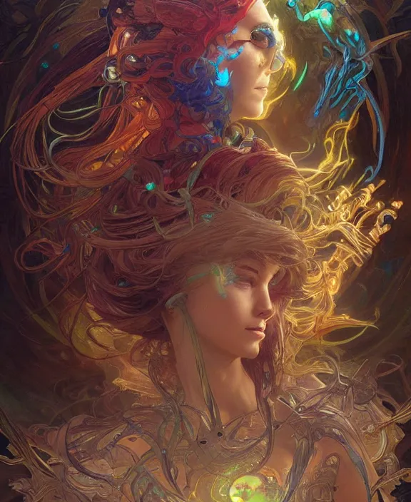 Prompt: a whirlwind of souls rushing inside the metaverse, half body, glowin eyes, insect, lizard, d & d, fantasy, intricate, elegant, highly detailed, colorful, vivid color, digital painting, artstation, concept art, art by artgerm and greg rutkowski and alphonse mucha and ruan jia