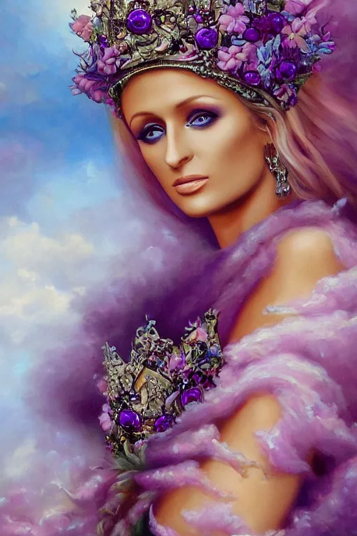 Prompt: closeup portrait fine art photo of the beauty paris hilton, she has a crown of stunning flowers and dress of purple satin and gemstones, background full of stormy clouds, by peter mohrbacher