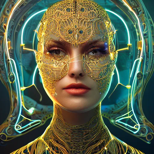 Prompt: very beautiful woman integrating with technology, full face frontal centered, portrait, insipiring, detailed intricate ornate neon pulsating cables connected to head, big open electric eyes, luxurious detailed abundent wiring and implants, gold, renaissance, sci - fi, detailed technology background with cyber flowers and insects, dramatic lighting, photography, highly detailed, artstation, 8 k,