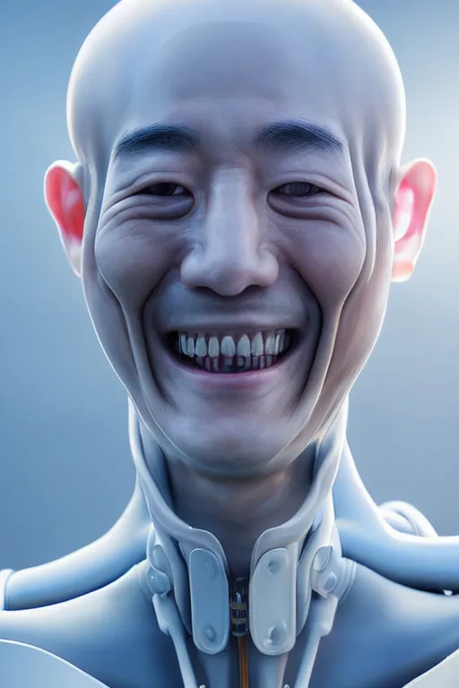 Prompt: hyperrealistic close-up translucent exoskeleton!! smiling chinese man covered highly detailed concept art eric zener elson peter cinematic side soft light high angle hd 8k sharp shallow depth of field