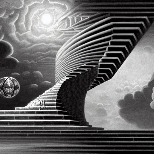 Image similar to A black and white freemasonic chequered surrealist digital painting of a stairway to into the clouds in the art style of jeff koons, Gilbert williams, Edwin Frederic Church and Christopher Balaskas, trending on artstation, 4k UHD