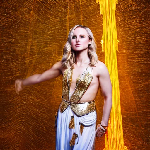 Prompt: Kristen Bell as a Greek Goddess, glowing, dramatic, Sony a7R IV, symmetric balance, polarizing filter, Photolab, Lightroom, 4K, Dolby Vision, Photography Award