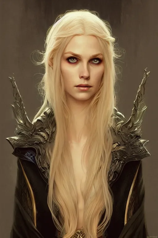 Image similar to portrait of an old blonde elven mage, dark, piercing eyes, gentle expression, elegant clothing, photorealistic, highly detailed, artstation, smooth, sharp focus, art by michael whelan, artgerm, greg rutkowski and alphonse mucha