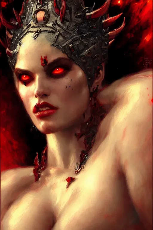 Image similar to very attractive demon queen with red eyes painting by gaston bussiere, craig mullins, luis rollo, close - up portrait, digital painting, highly detailed, artstation, sharp focus, illustration, concept art, hd