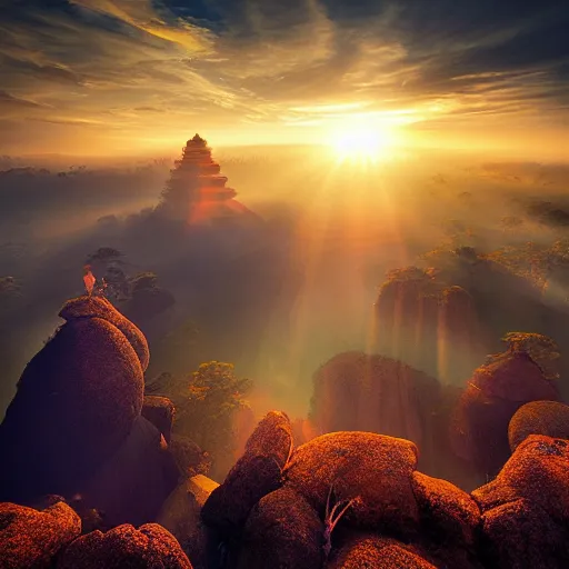 Prompt: temples of java the photo was taken by max rive, golden hour, dreamy lens flare, super resolution, masterpiece, international photography awards winner