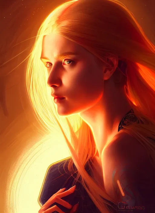 Prompt: symmetry!! portrait of woman with long flaming blonde hair, sci - fi, tech wear, glowing lights!! intricate, elegant, highly detailed, digital painting, artstation, concept art, smooth, sharp focus, illustration, art by artgerm and greg rutkowski and alphonse mucha, 8 k