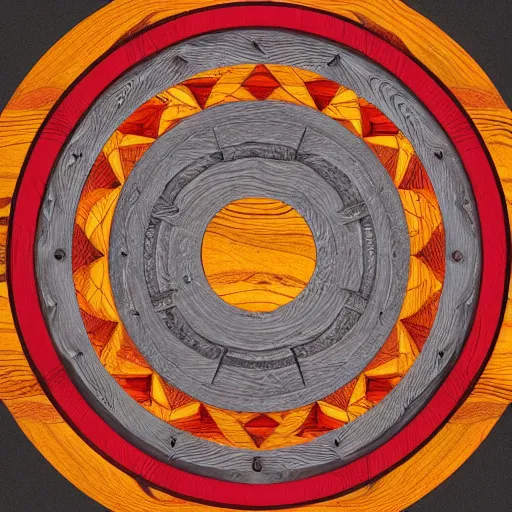 Image similar to a circular piece of wood with a pattern of red yellow and grey - blue eye shapes, radial symmetry, intricate, highly detailed