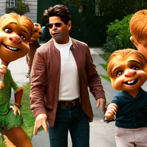 Image similar to UHD candid photo of panicked John Stamos being chased by the lollipop guild, UHD, photorealistic, correct face, photo by Annie Leibowitz