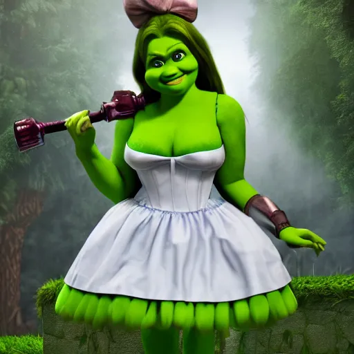 Image similar to Shrek in a french maid costume, realistic, hyperrealistic, in real life, highly detailed, very detailed, 4k resolution, 8k resolution, trending on artstation, real life, head and bodyshot