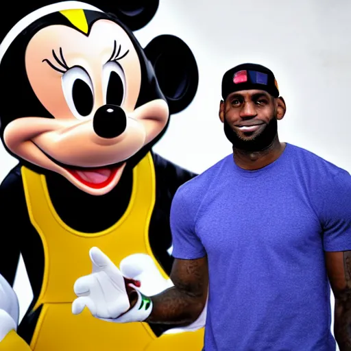 Prompt: Lebron James holding a statue of mickey mouse digital art