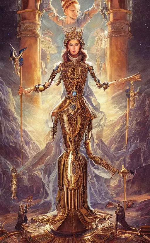 Image similar to mural of a beautiful young cyborg queen, stunning royal gown, golden sci fi royal staff, reaching towards the heavens, sci fi world, highly detailed holy imagery, renaissance mural, in the style of sandro boticceli