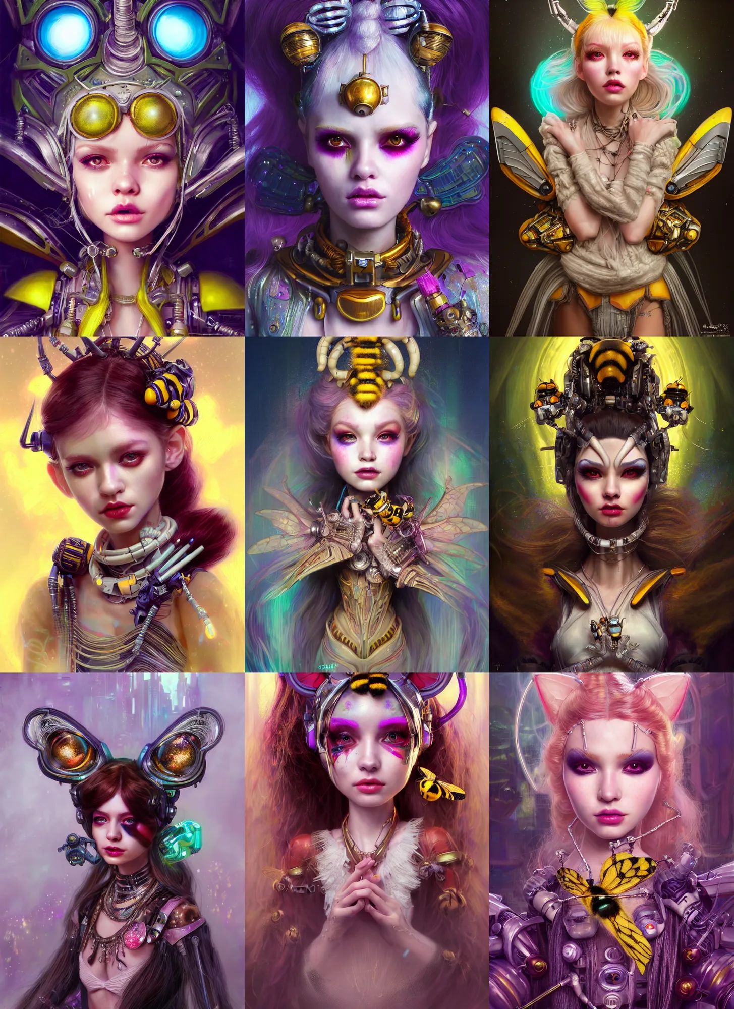 Prompt: disney weta portrait, soft lustrous biotech raver white clowncore bumblebee chain cyborg, hi - fructose, sci - fi fantasy cyberpunk intricate decadent highly - detailed digital painting, ever after high, octane render, artstation, concept art, smooth, sharp focus, illustration, art by artgerm, mucha, loish, wlop