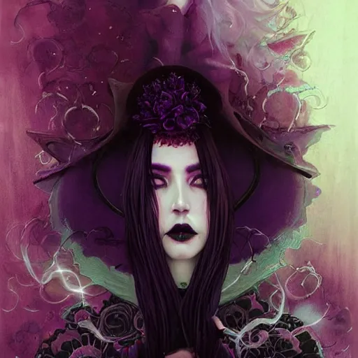 Image similar to a beautiful!! portrait of a blood witch, gothic kimono in purple and black!!!, blue eyes! by loish! and tom bagshaw