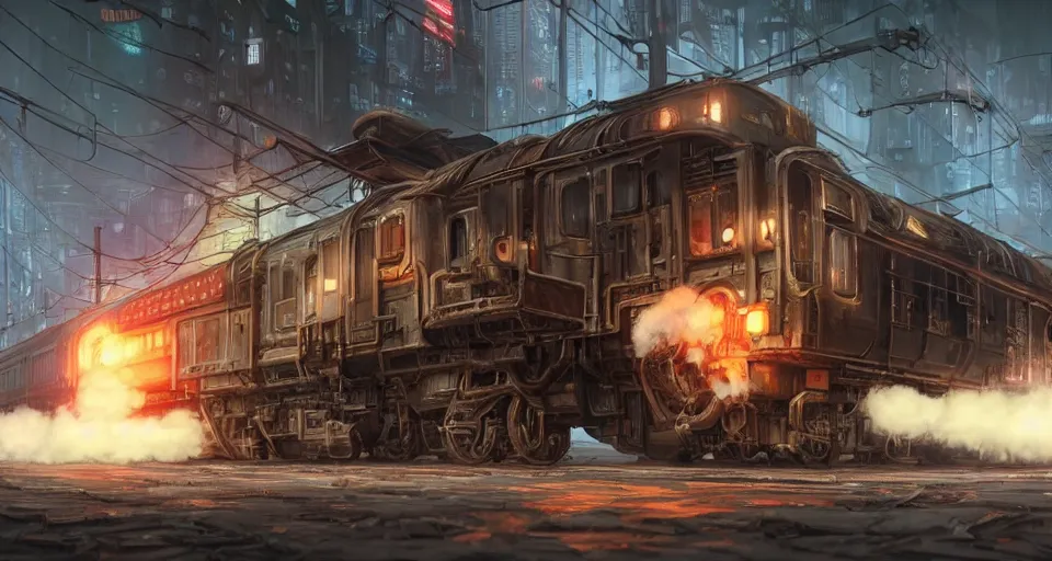 Prompt: a highly detailed epic cinematic concept art CG render digital painting artwork scene: retrofuturistic 1920s cyberpunk steampunk bullet train emitting smoke. By Greg Rutkowski, Ilya Kuvshinov, WLOP, Stanley Artgerm Lau, Ruan Jia and Fenghua Zhong, trending on ArtStation, made in Maya, Blender and Photoshop, octane render, excellent composition, cinematic dystopian brutalist atmosphere, dynamic dramatic cinematic lighting, aesthetic, very inspirational, arthouse